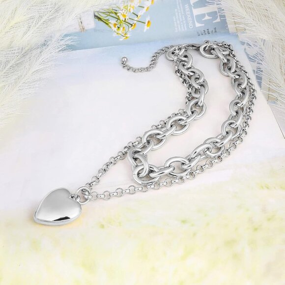 Chunky Gold Necklace Heart Pendant 14k Gold Plated Thick Chain Multilayer Neckla - Picture 4 of 6